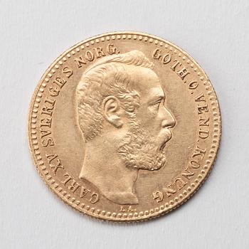 A Swedish 1 Carolin / 10 Francs in gold, with the Swedish and Norwegian King Karl XV, 1868.