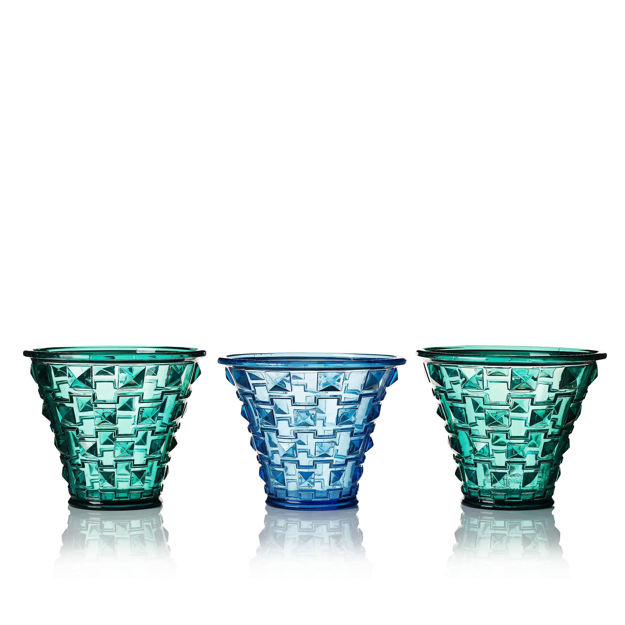 Simon Gate, a set of three pressed glass vases, Orrefors 1930.