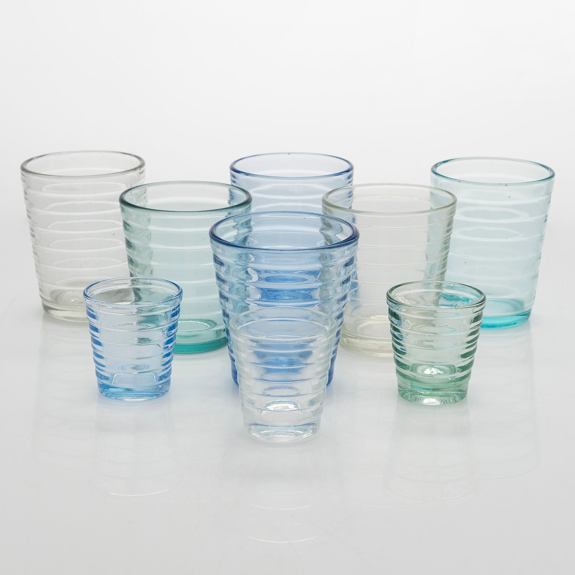 Aino Aalto, A set of 9 1930's-1940's drinking glasses, "Bölgeblick" for Karhula Glassworks, Finland.