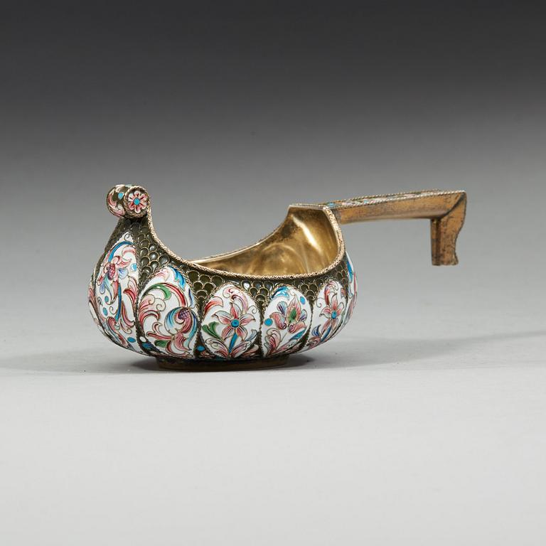 A Russian early 20th century silver-gilt and enameled kovsh, possibly Gustav Klingert, Moscow 1899-1908.