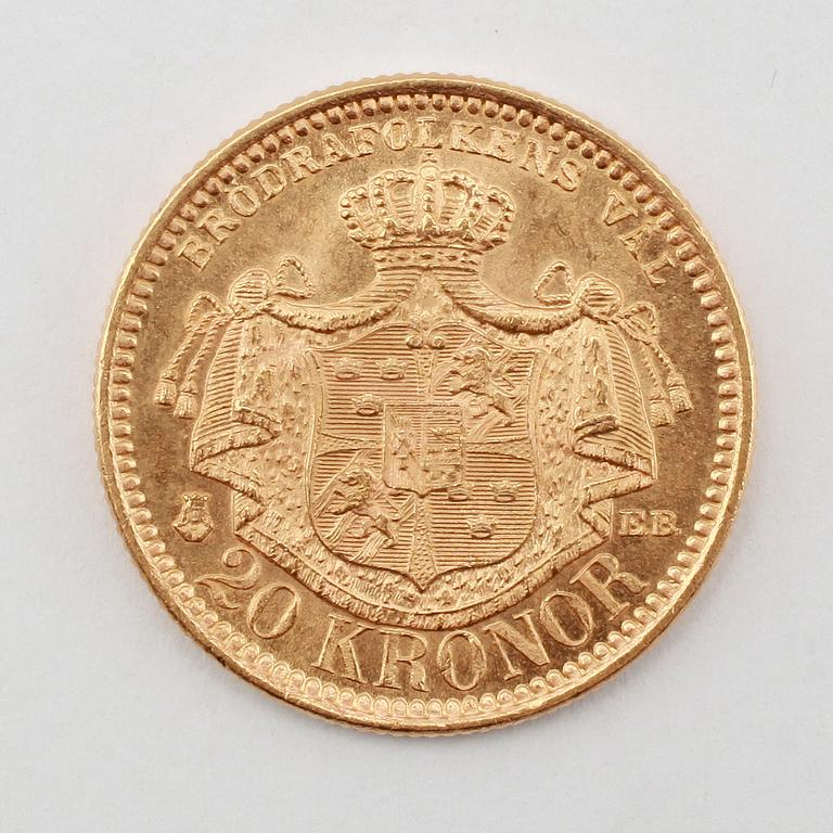 GULDMYNT, 20 kronor, Oscar II, 1895. Vikt ca 9 gram.