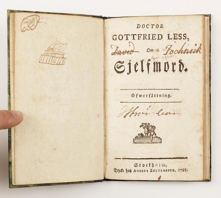 BOK, "Om Sjelfmord" av Gottfried Less, Stockholm 1788.