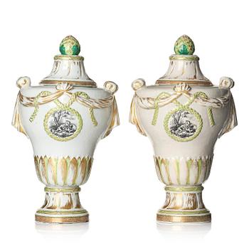 1257. A pair of rare neo-classical enamelled 'Chinese Export' vases with covers, Qing dynasty, Qianlong, circa 1790.