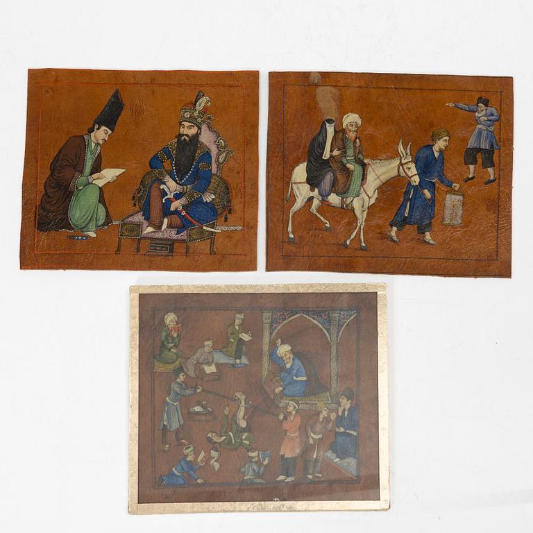 Unidentified artist, three paintings on leather, Iran, late Qajar dynasty/20th century.