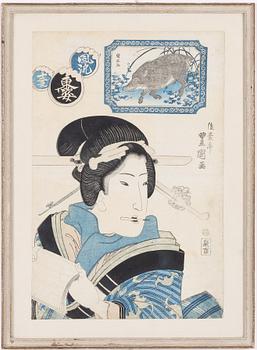 Utagawa Toyoshige Toyokuni II, three woodblock prints from the series "Comparison with Twelve Zodiac Signs".