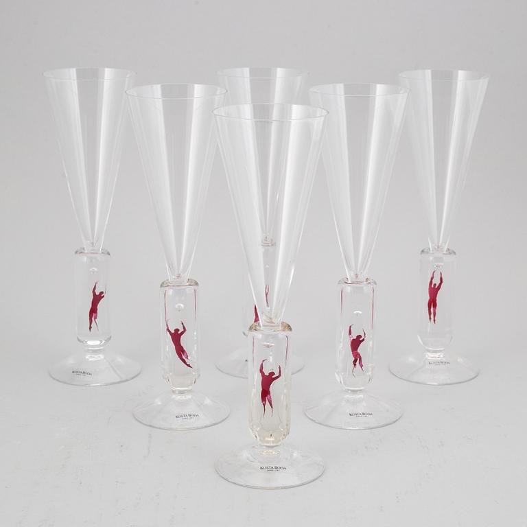 BERTIL VALLIEN, six 'Millenium' champagne glasses, Kosta Boda, 1999.