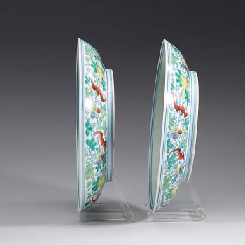 A pair of doucai dishes, Republic (1912-49) with Yongzhengs six character mark within double circles.