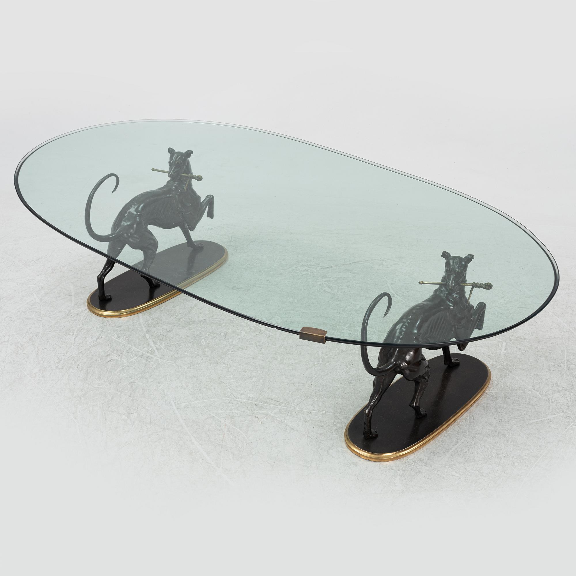 A glass and bronze coffee table, later part of the 20th century.