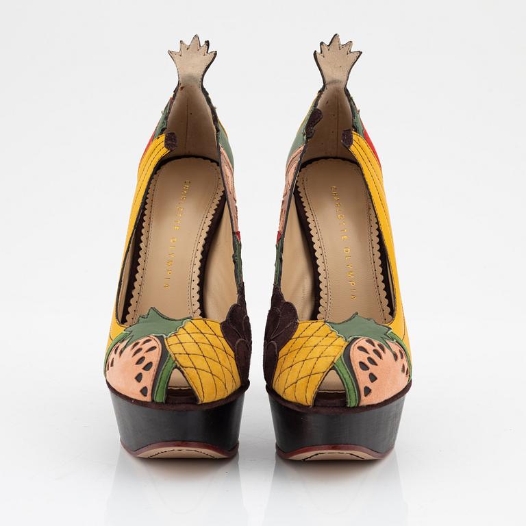 Charlotte Olympia, a pair of leather, suede and wood pumps, size 36.