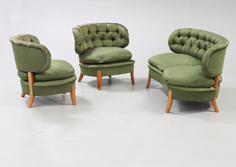 A set of Otto Schulz sofa and a pair of armchairs, model 'Schulz', Jio Möbler, Jönköping, Sweden.