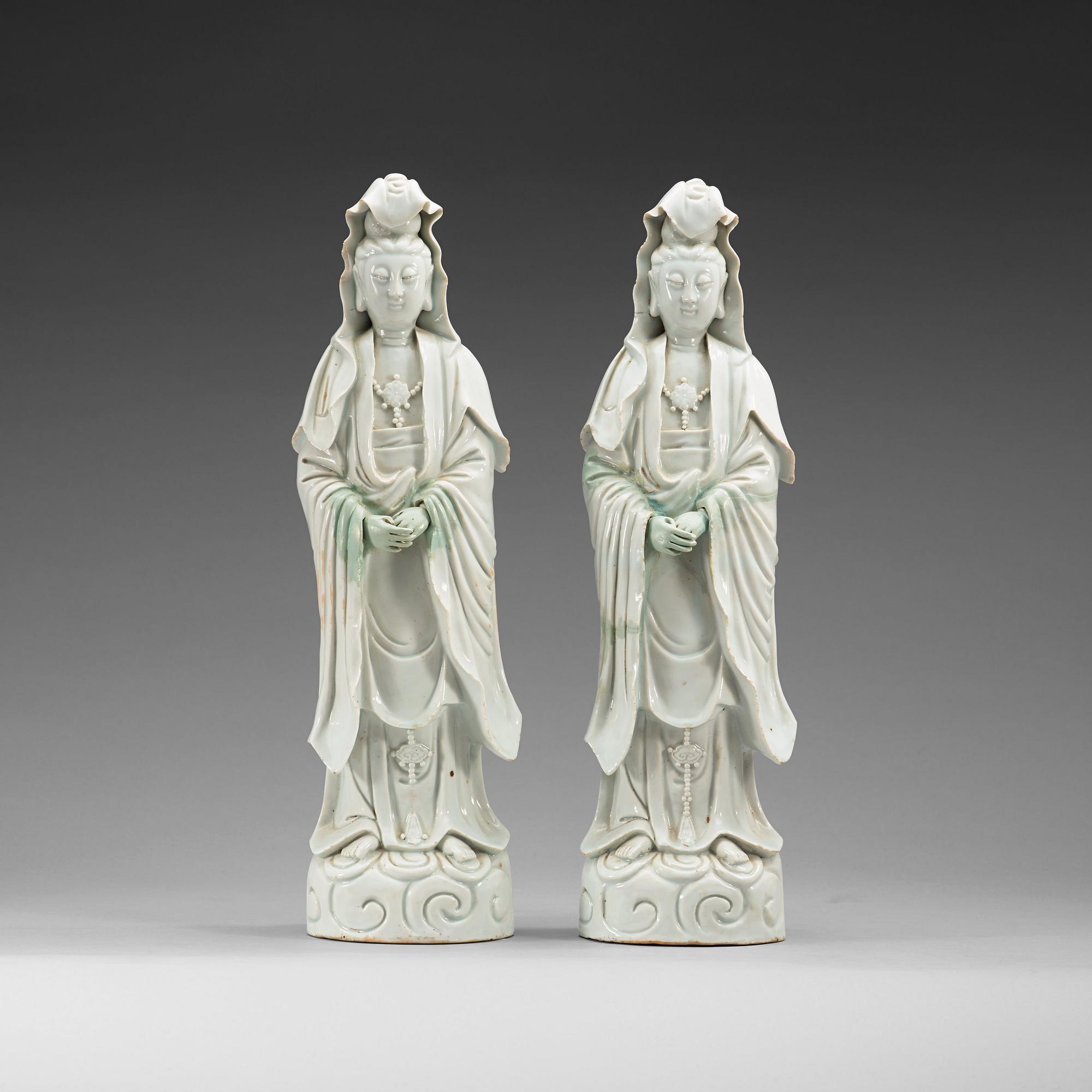 A pair of blanc de chine Guanyins, Qing dynasty, 19th Century.