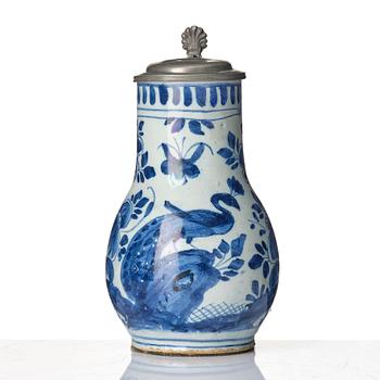 A blue and white Dutch faiance tankard with pewter mountings, Delft, 18th century.