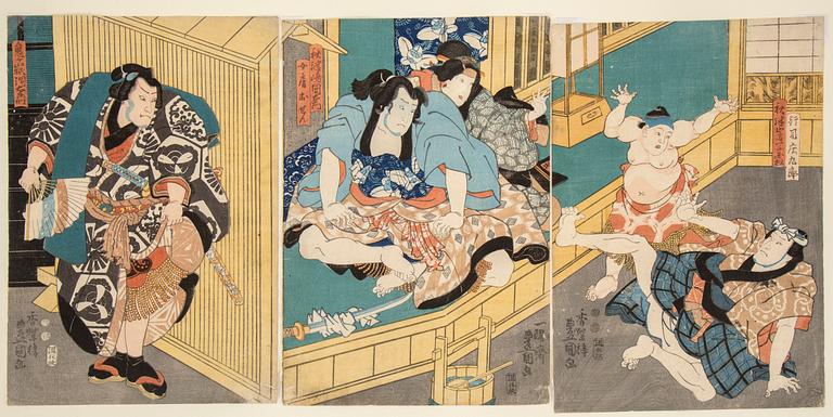 UTAGAWA KUNISADA, also known as Toyokuni III (1786-1865), triptyk, color woodblock print. Japan, 1850.