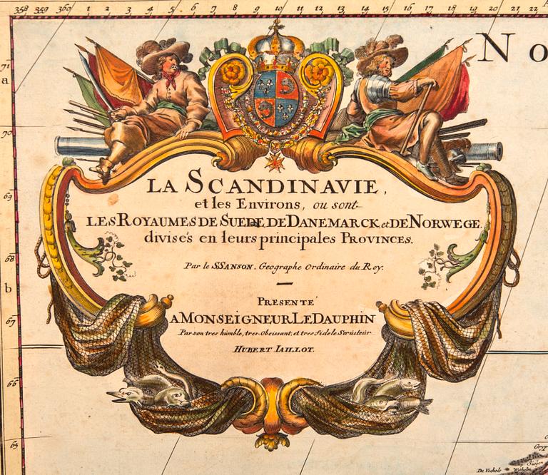 Alexis Hubert Jaillot, map of Scandinavia, hand colored copper engraving, Paris 1681.