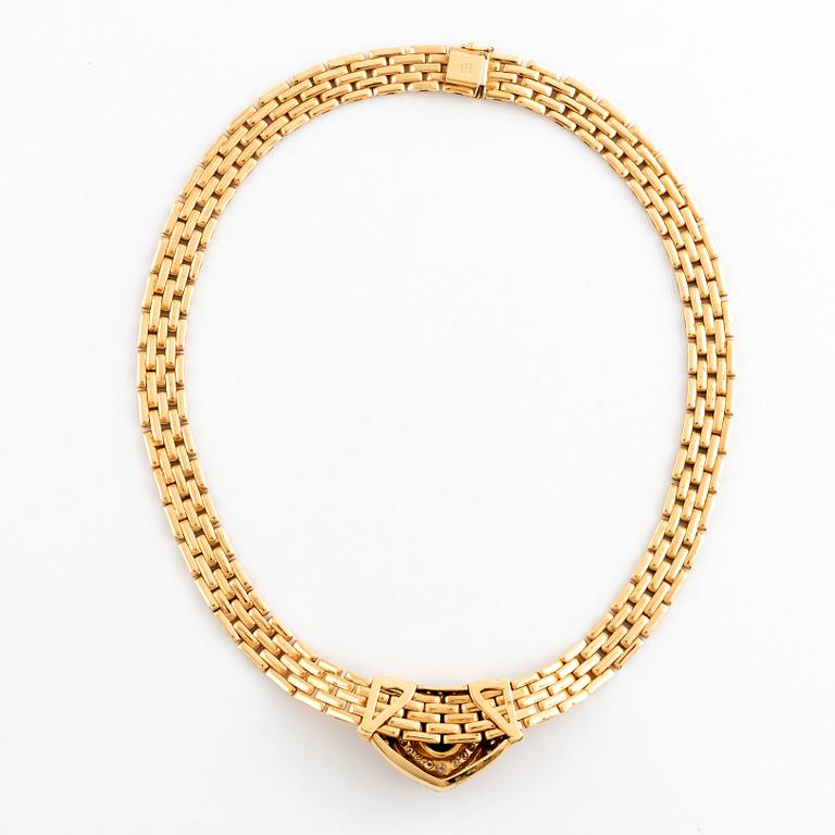 Gold, sapphire and round brilliant cut diamond necklace.