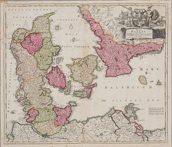 KARTA Regni Daniae, Johan Homann 1700-tal, handkolorerat kopparstick.