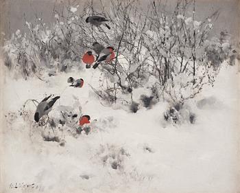 Bruno Liljefors, Winter landscape with bullfinches.