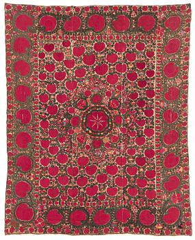 431. An antique Suzani embroidery, probably Tashkent region, Uzbekistan, 19th century, c. 221 x 184 cm.