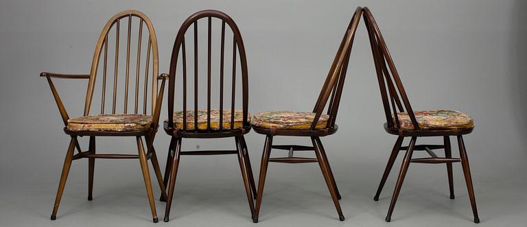 NOJATUOLI sekä TUOLEJA, 3 kpl, "Quaker chairs" design Lucian Ercolani, Englanti 1960-luku.