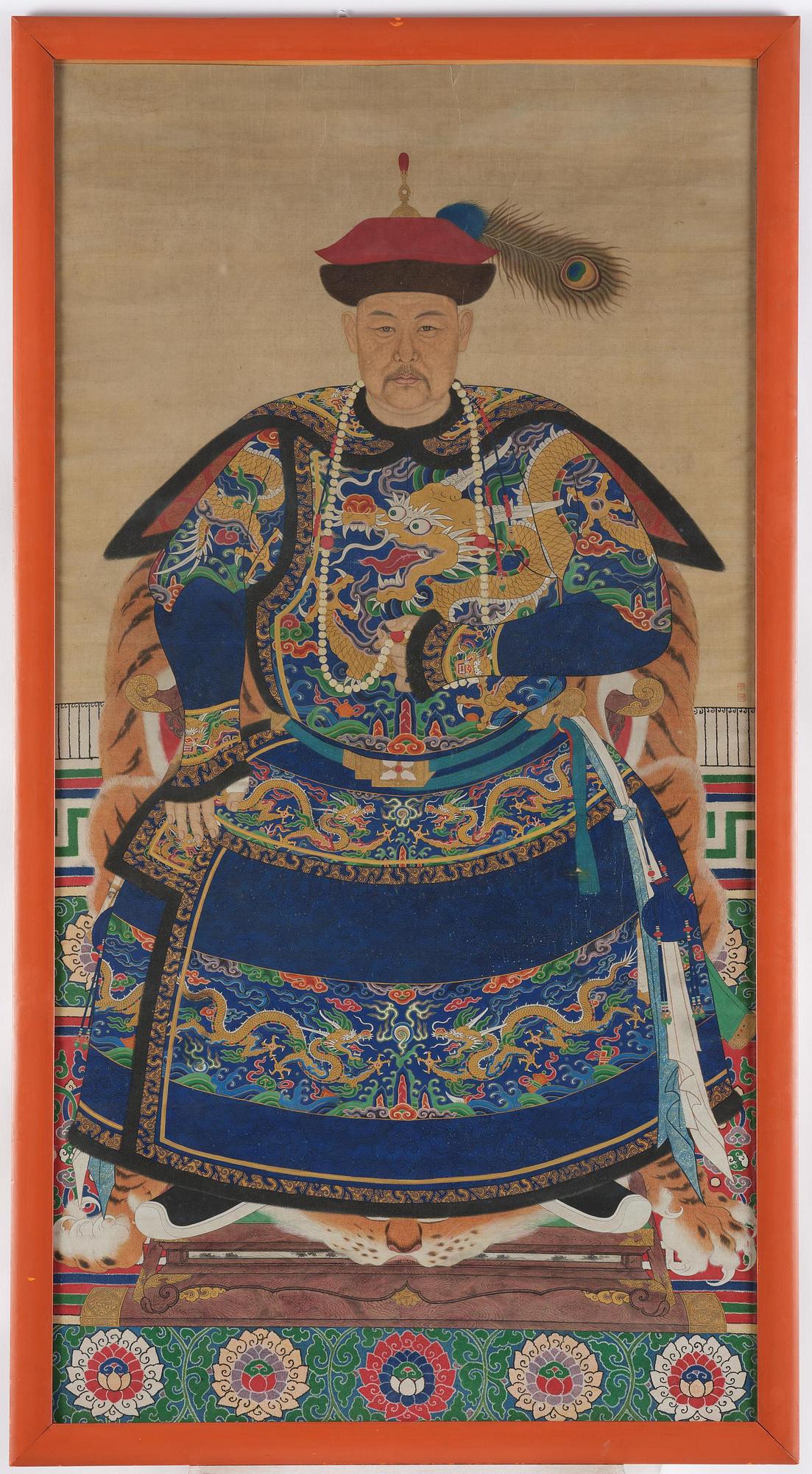 Förfadersporträtt, Qingdynastin, 1800-tal. Med signatur.
