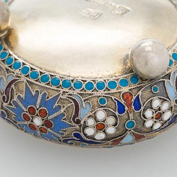 A silver parcel-gilt, cloisonné enamel salt cellar, 1890s.