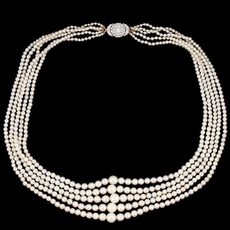 Diamond clasp cultured pearl necklace five rows.