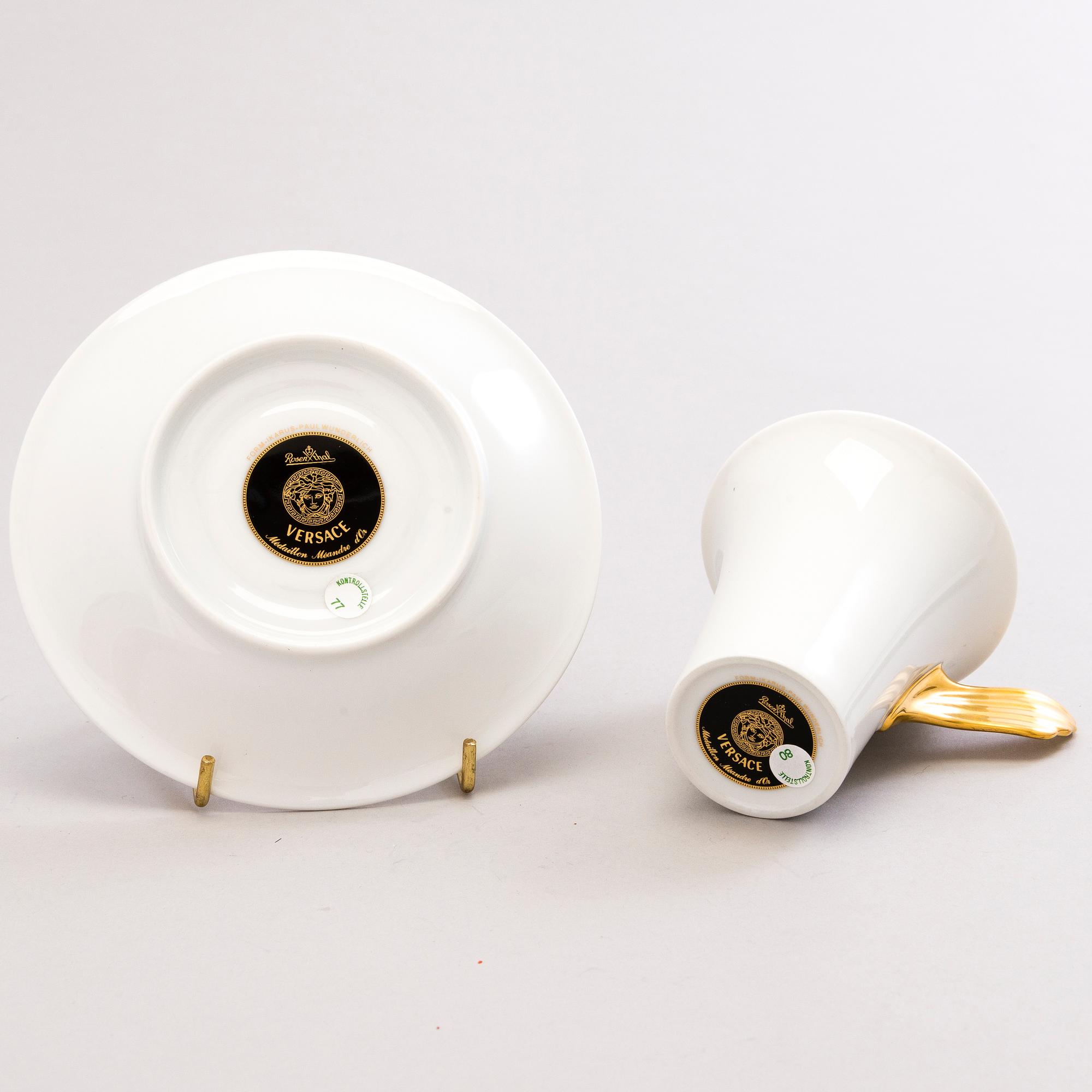 VERSACE Ikarus, Médaillon Méandre d'Or 2 + 2 porcelain plates with a coffee cup by Rosenthal.