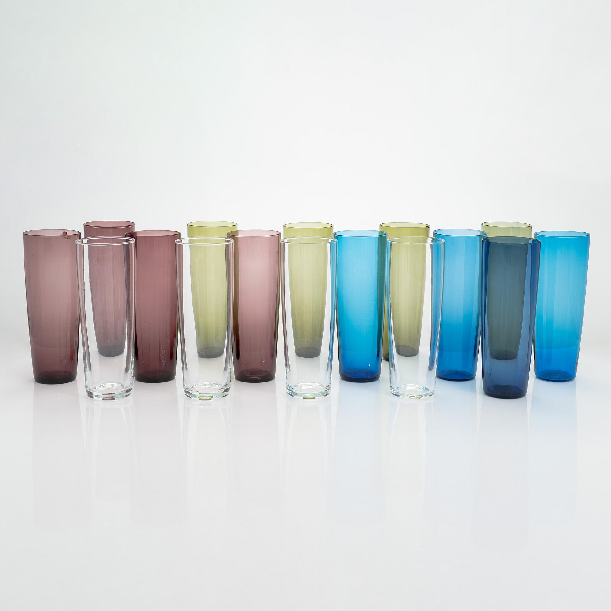 Tapio Wirkkala, a set of 16 juice glasses, model 2204, Iittala, Finland. In production 1956-1969.