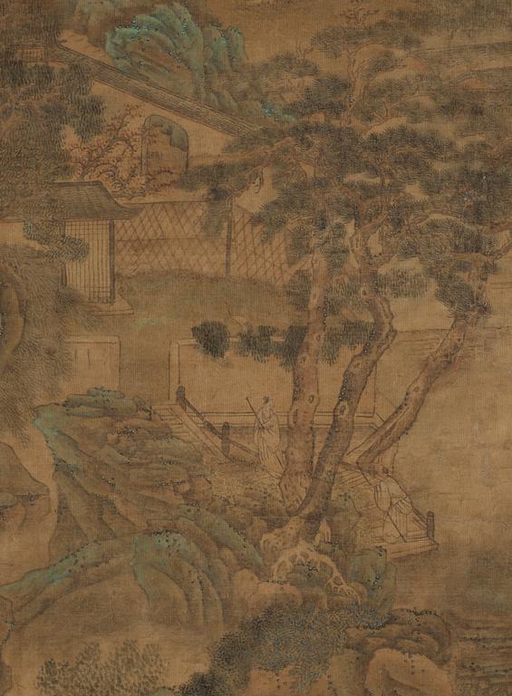 A hanging scroll of a landscape in the style of  Wen Zhengming (1470-1559), Qing Dynasty, presumably 18/19th Century.