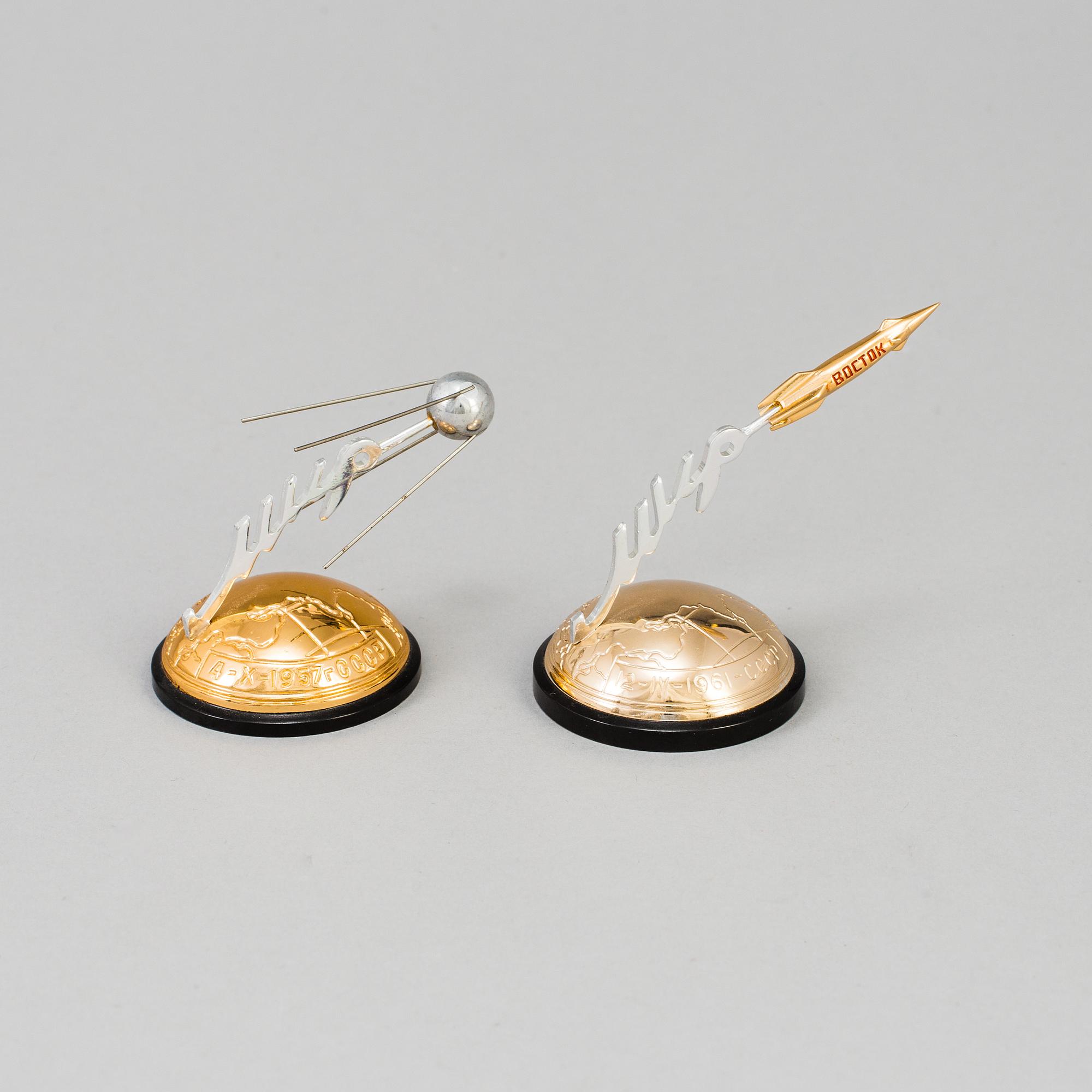 Three USSR Desk Rocket Satellite Models of  "Vostok 1" (Yuri Gagarin 1961) and "Sputnik 1", 1957.