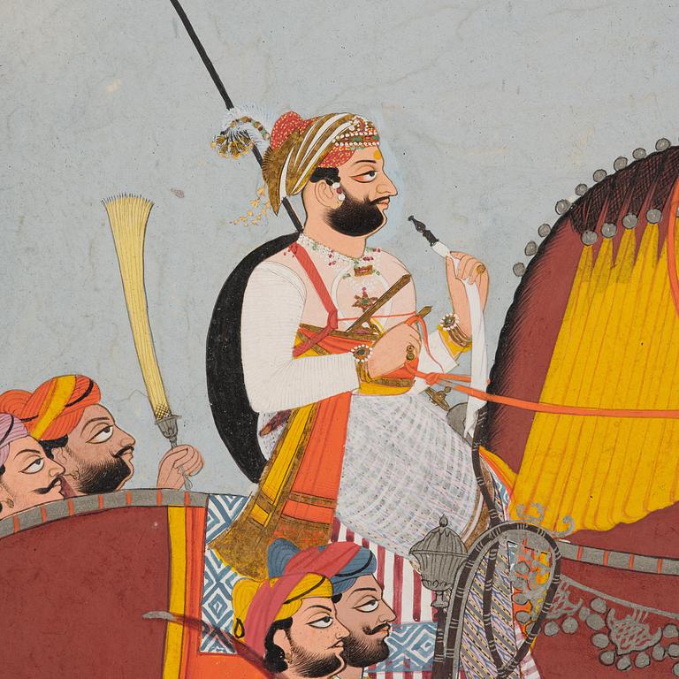 An equestrian portrait of a Rajput ruler with attendants, gouache, North India, Rajasthan, 19th century.