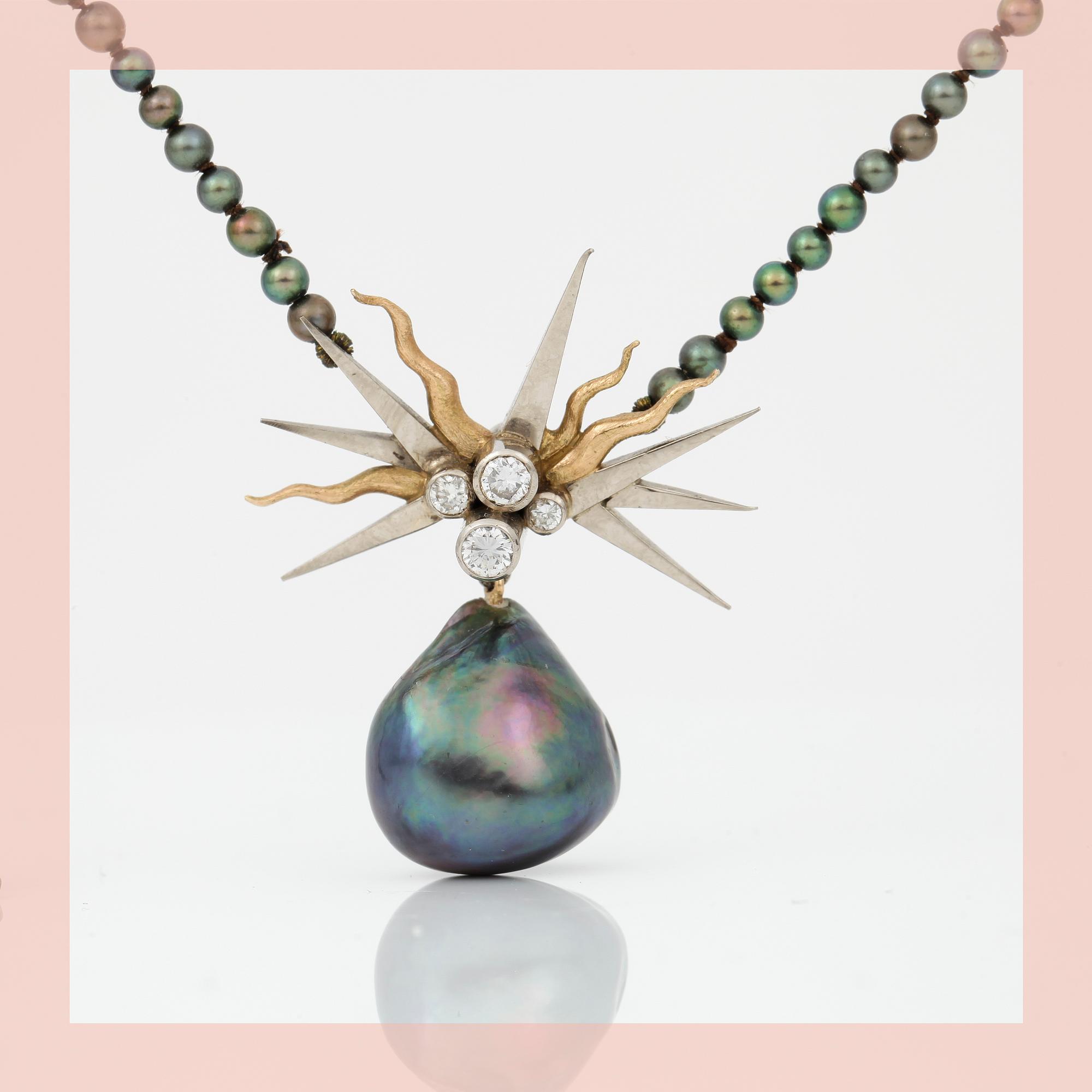 NECKLACE, 4 diamonds circa 0.25 ct, cultivated black pearl, Kristian Nilsson.