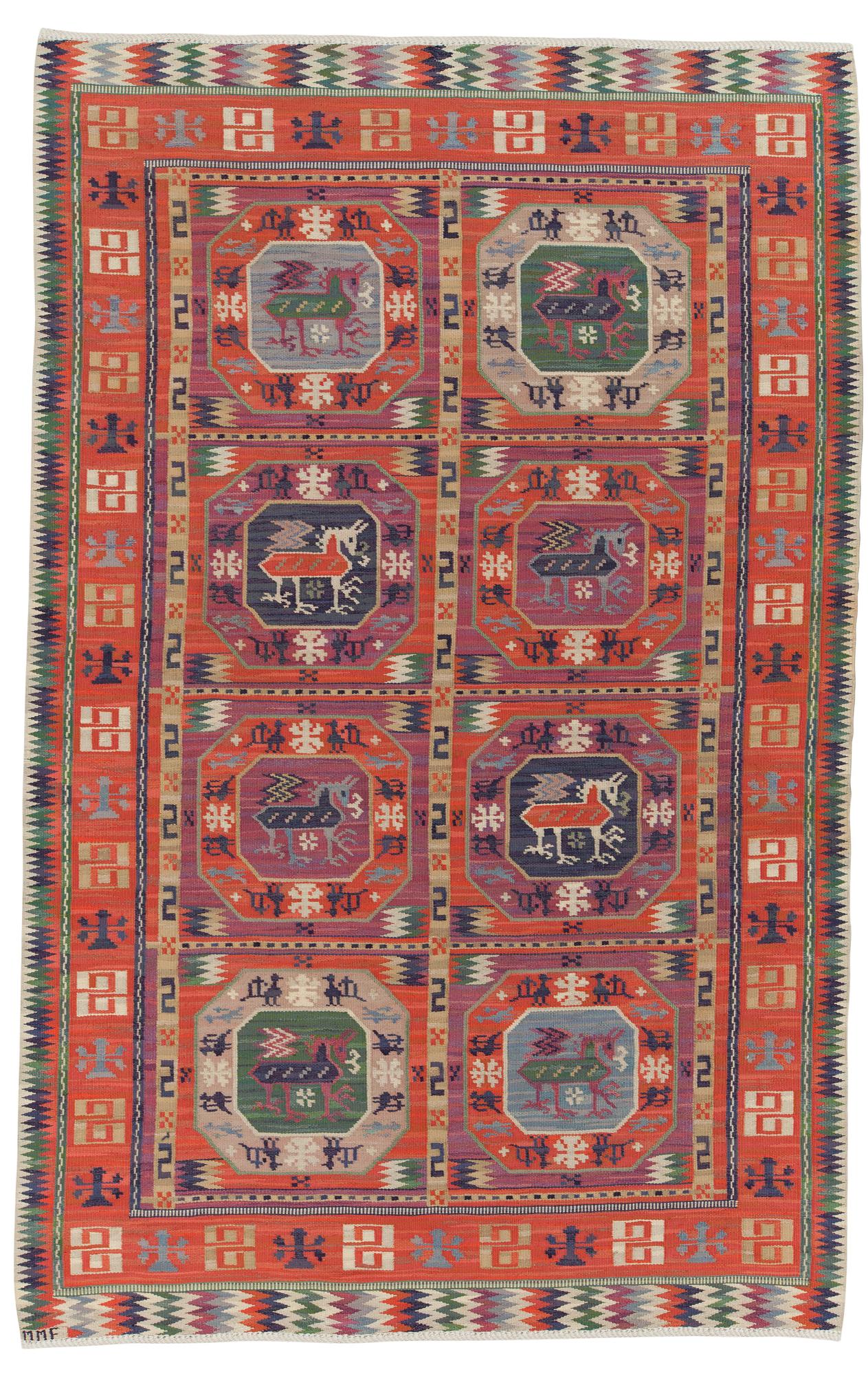 A CARPET, "Bäckahästen", a fine flat weave, 309 x 196,5 cm, signed MMF.