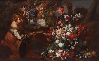 620. Franz Werner von Tamm & Carlo Maratti, attributed to, Still life with flowers, grapes, and a woman in a landscape.