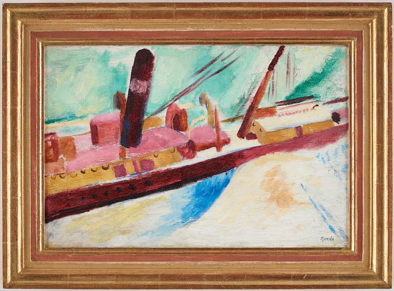 Sigrid Hjertén, Röd båt - utsikt från ateljén mot Stadsgårdskajen, Stockholm.