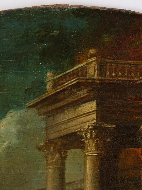 Pieter Casteels III, follower of, Wall panels, a pair, Flower urns with a parrot and a monkey respectively.