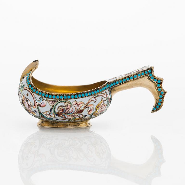 A gilt silver cloisonné enamel kovsh, unidentified Cyrillic maker's mark IGT, Moscow  1898-1914.