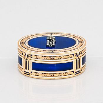 An Imperial Presentation jewelled gold and enamel box, Alexander Treiden for Hahn, St Petersburg before 1899.
