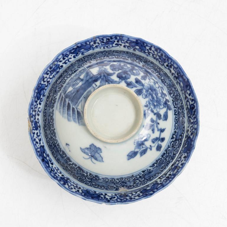 A blue and white butter dish with stand and cover, and a blue and white bowl with cover, China, Qianlong (1736-95).