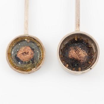 Lars Arrhenius, three pendants and a pair of earrings, sterling silver and enamel, Gothenburg, among others, 1969 and 1972.