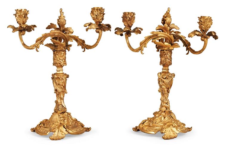 A pair of French Neo Rococo mid 19th century two-light candelabra.