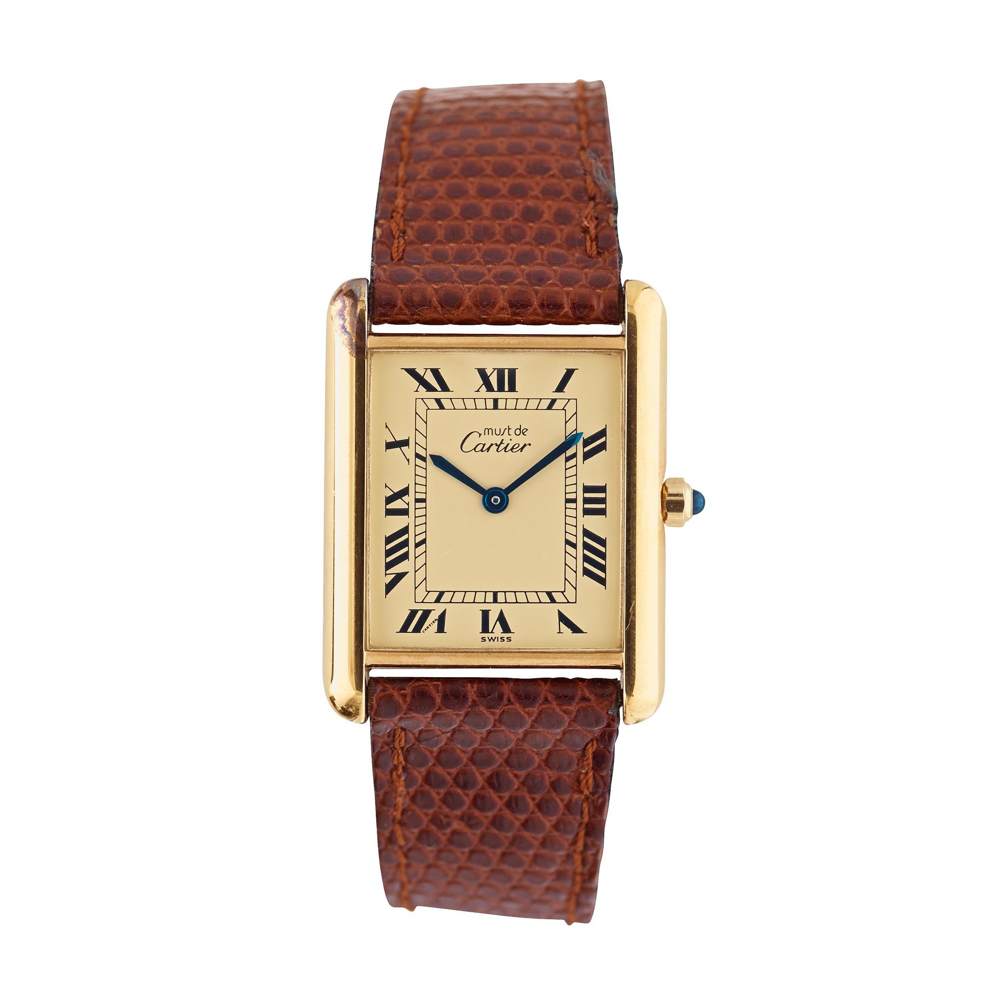 ARMBANDSUR, Cartier, Tank, De Must. Förgyllt silver. quartz. Ca 1984.