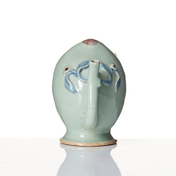 A celadon and underglaze blue and red glazed Cadogan tea pot, Qing dynasty, 19th Century.