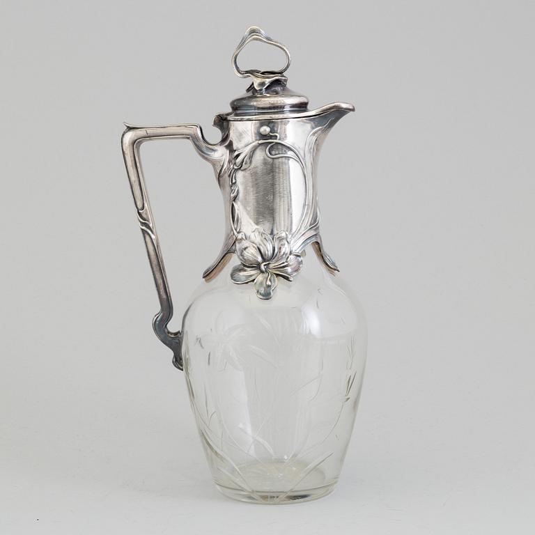 VINKANNA, nysilver och glas, jugend, troligen Tyskland, ca 1900.