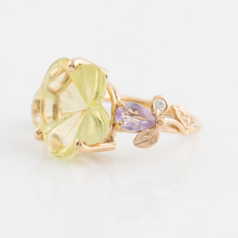 Carved lime quartz, amethyst and diamond flower ring.