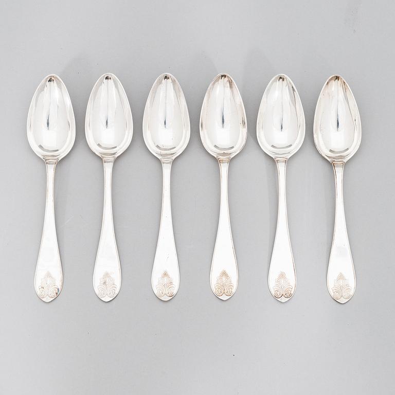 A set of six silver dinner spoons, maker's mark of Carl Gustaf Nyberg, Turku 1821.