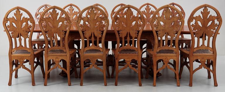 A Karl Tirén Art Noveau mahogany dining room set of furniture, comprising 15 pcs,by A.B Naeslunds Möbelfabrik.