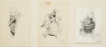 Carl Larsson,  6 drawings, signed C.L, Indian ink and hightening white mounted on cardboard.