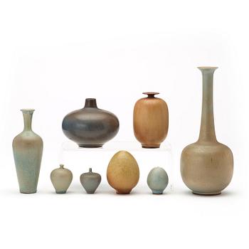 Berndt Friberg, a set of eight stoneware vases, Gustavsberg Studio 1942-61.