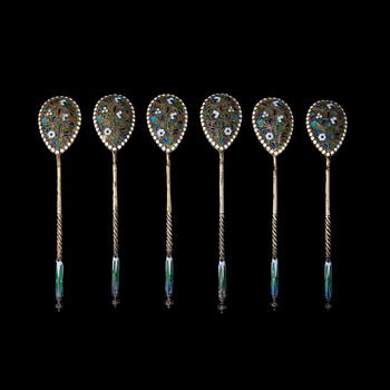 SIX RUSSIAN ENAMEL TEASPOONS,  silver and enamel, Moscow ca 1900, goldsmith E.O.